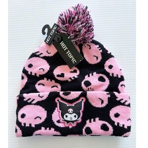 Kuromi Knit Beanie Pom Pom Pink Black Cuff Patch Skulls Warm Winter Hat